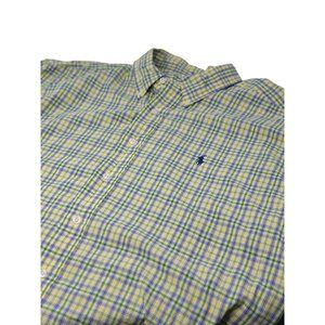Ralph Lauren Button Down Shirt Yellow Blue Green Plaid Short Sleeve Men's Size X